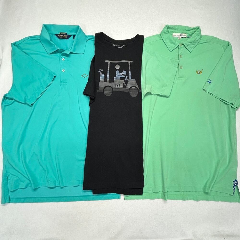 Lot of 3 Peru Made Shirts Mens L Short Sleeve Polo RL Travis Mathew Bald Head
